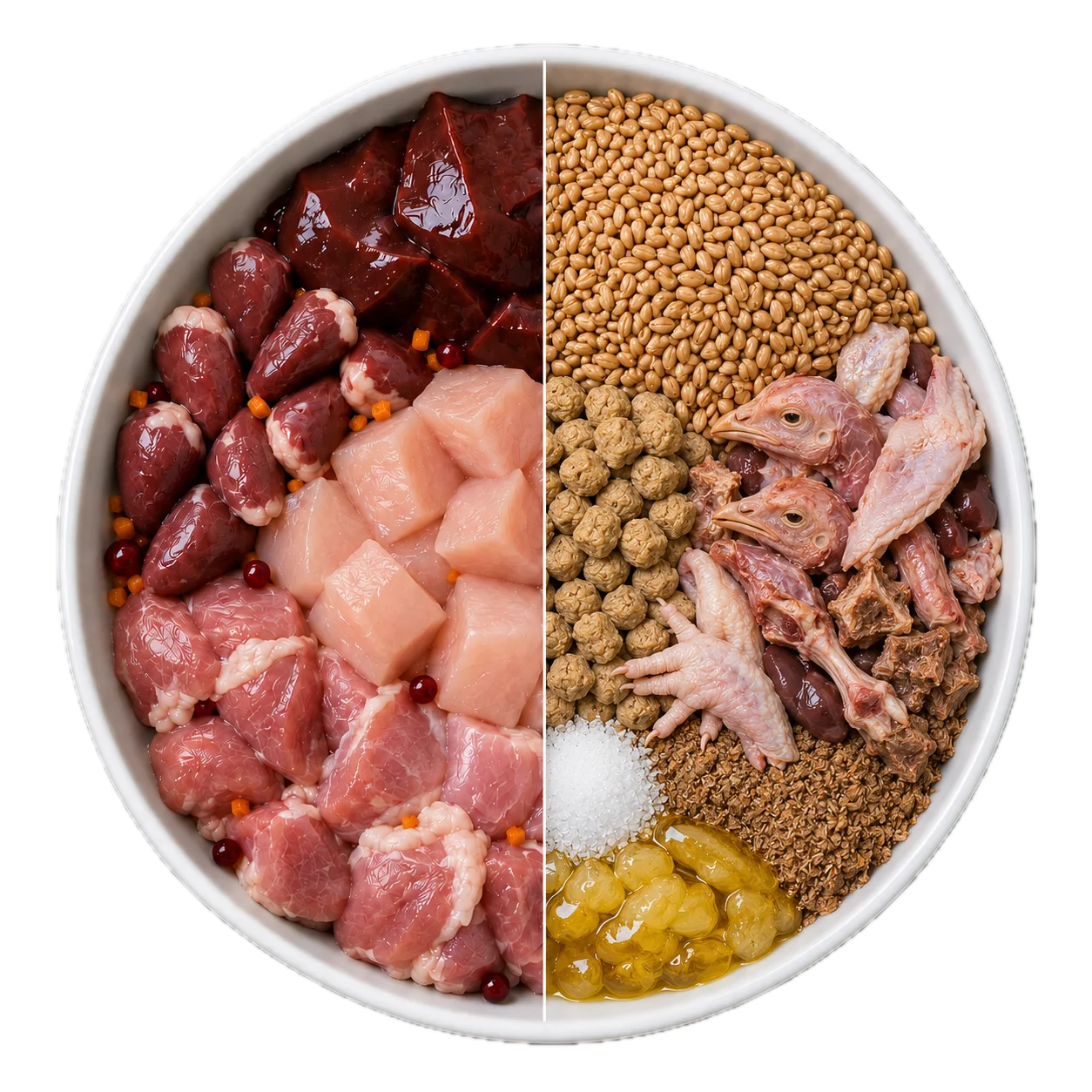 Real ingredients on the left half of a bowl, kibble on the right